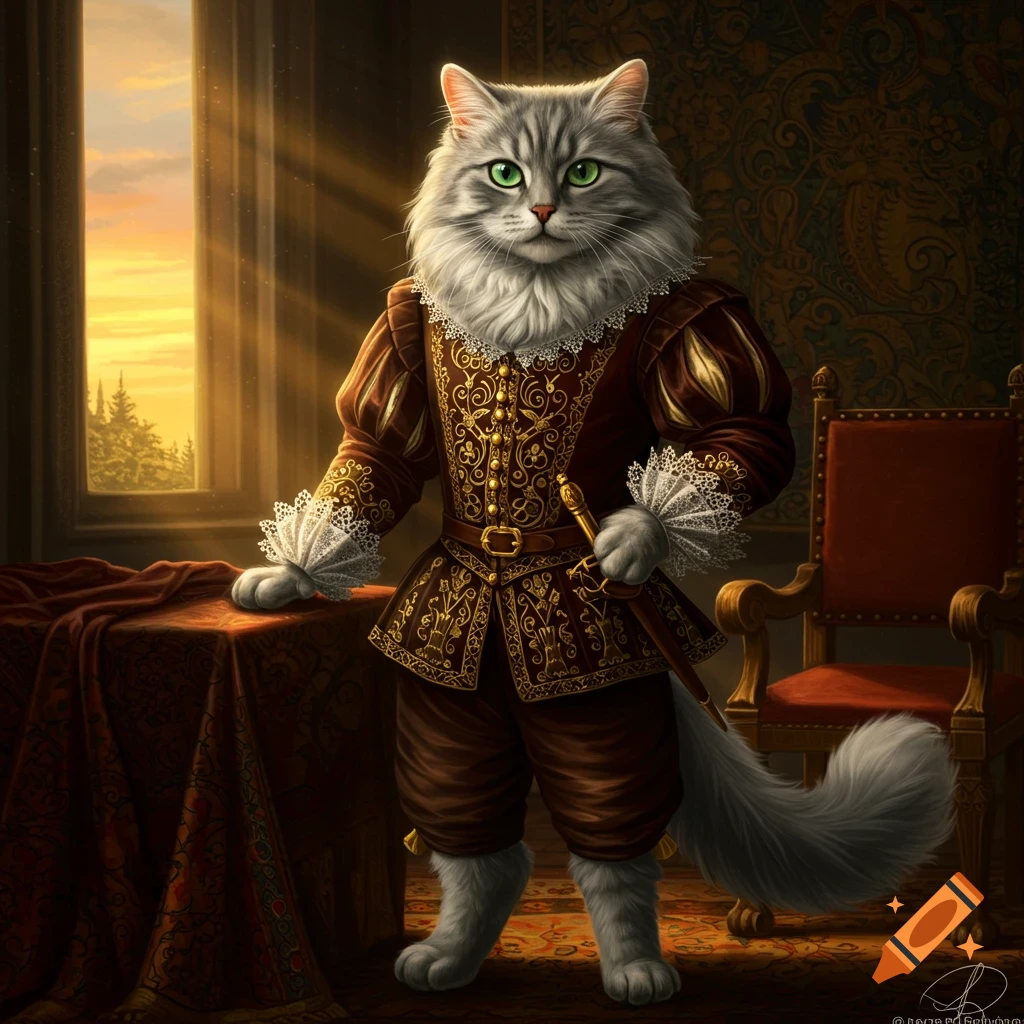A long haired grey cat dressed in elaborate historical clothing stands in a room with a window view.