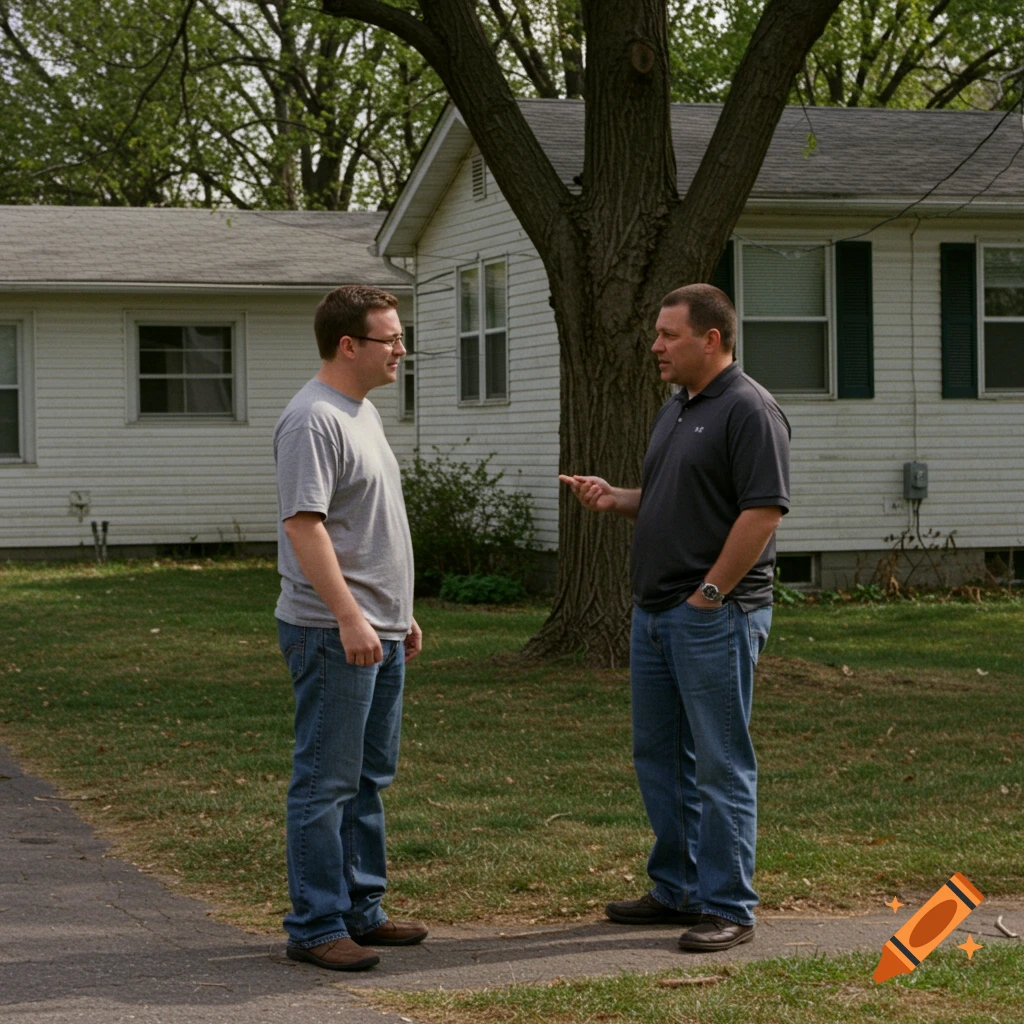 Two men talking outside a white house near a large tree.