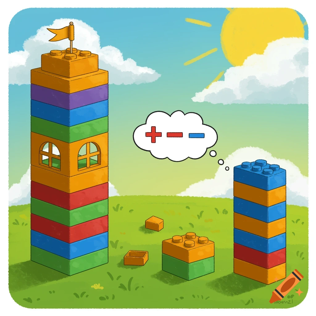 Illustration of two colorful Lego towers in a field, one tall with windows, the other shorter, with a thought bubble showing plus, minus, and equals symbols.