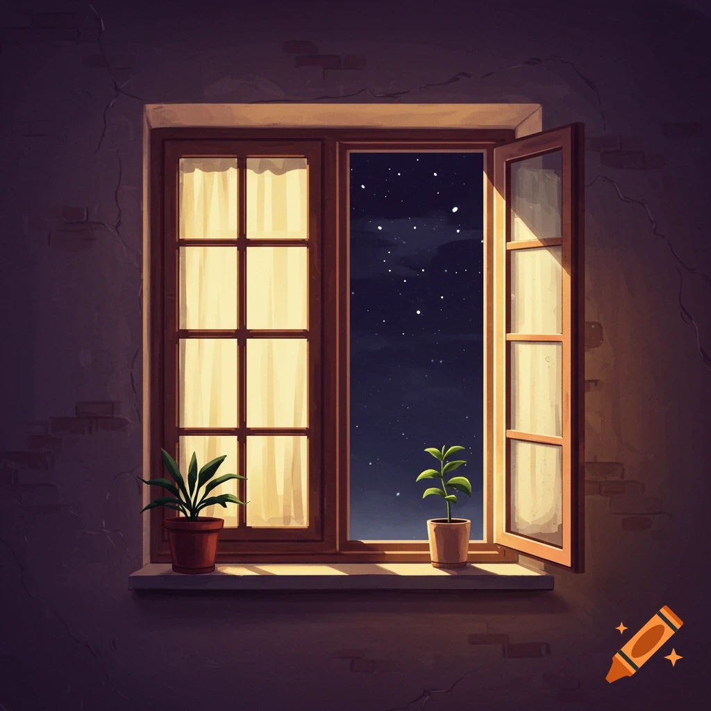 A window at night with curtains, two potted plants on the windowsill, and a starry sky visible outside.