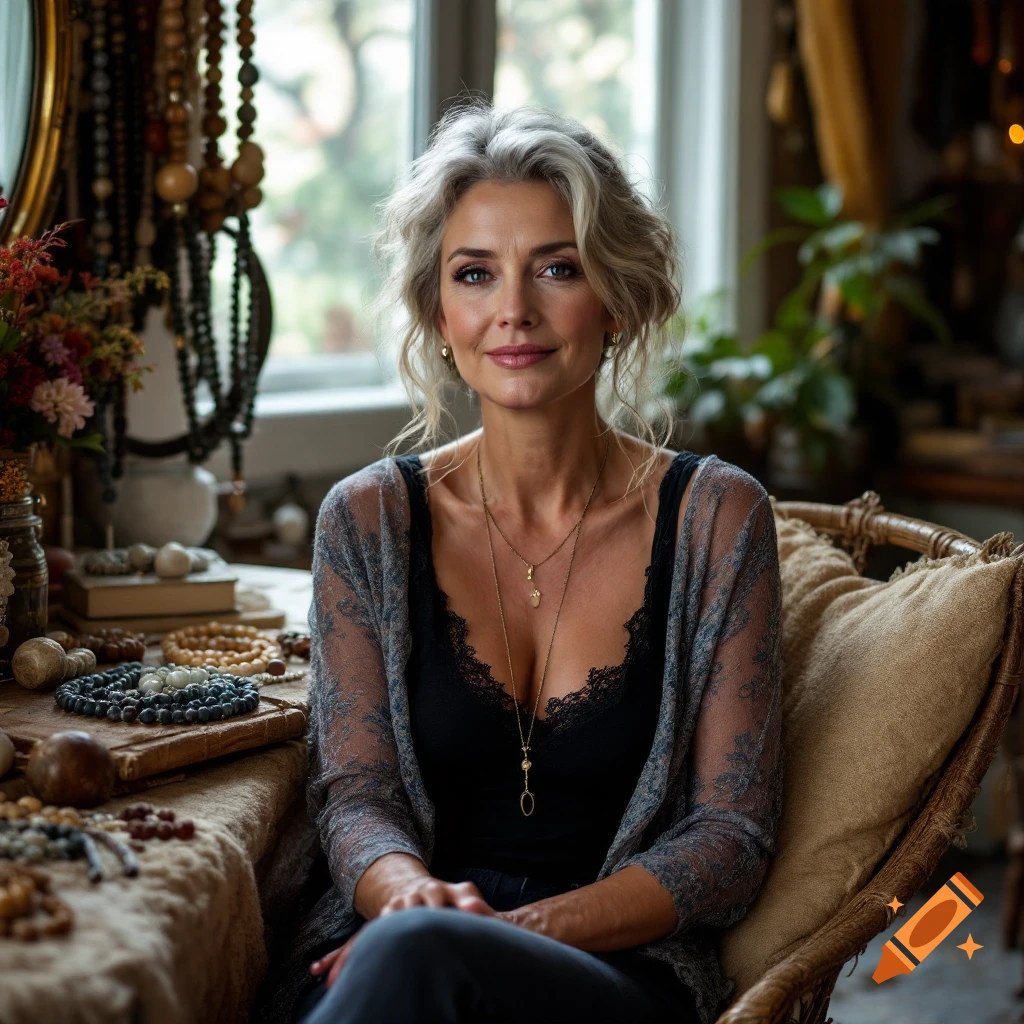 Photorealistic portrait of an older woman with grey hair sitting in a chair surrounded by beads and jewelry.