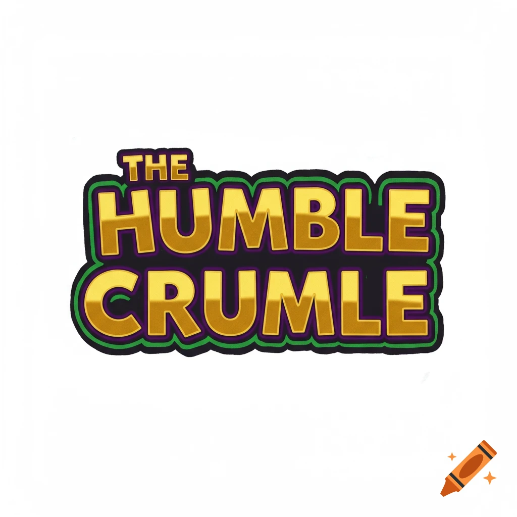 Logo with text 'The Humble Crumble' in bold gold with purple and green outline.