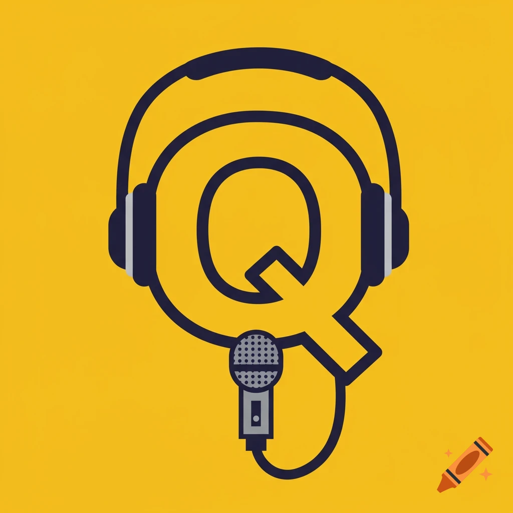 A yellow letter Q stylized as headphones with a microphone as the tail.
