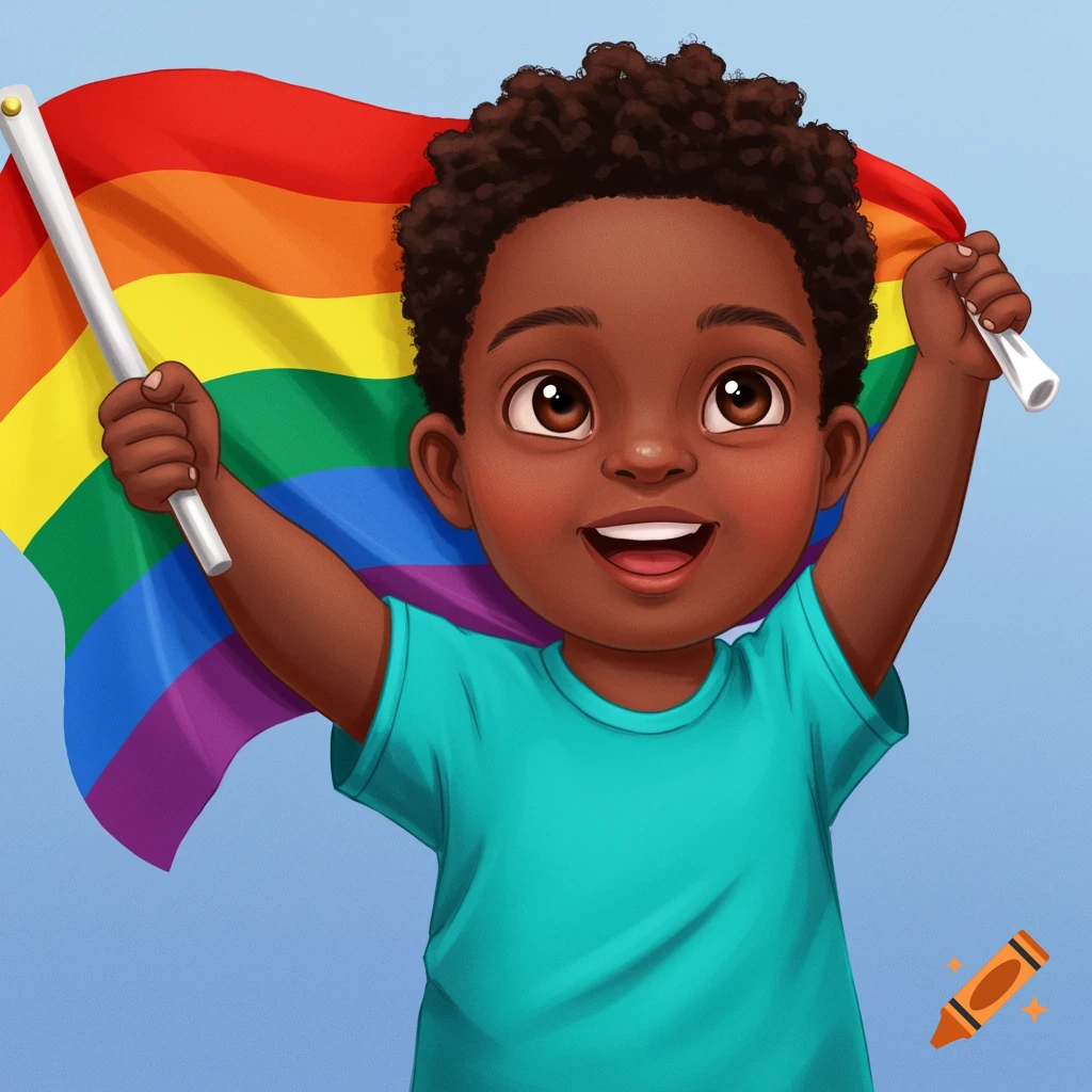 Cartoon illustration of a young Black boy holding a rainbow pride flag