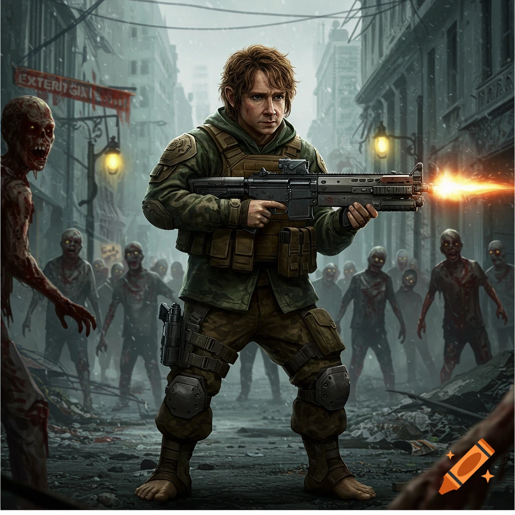 A man resembling Bilbo Baggins, dressed as a soldier, fires a rifle at a horde of zombies in a ruined city street. Digital illustration.