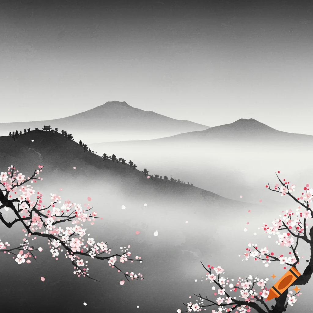 Japanese ink wash painting of misty mountains and cherry blossoms.