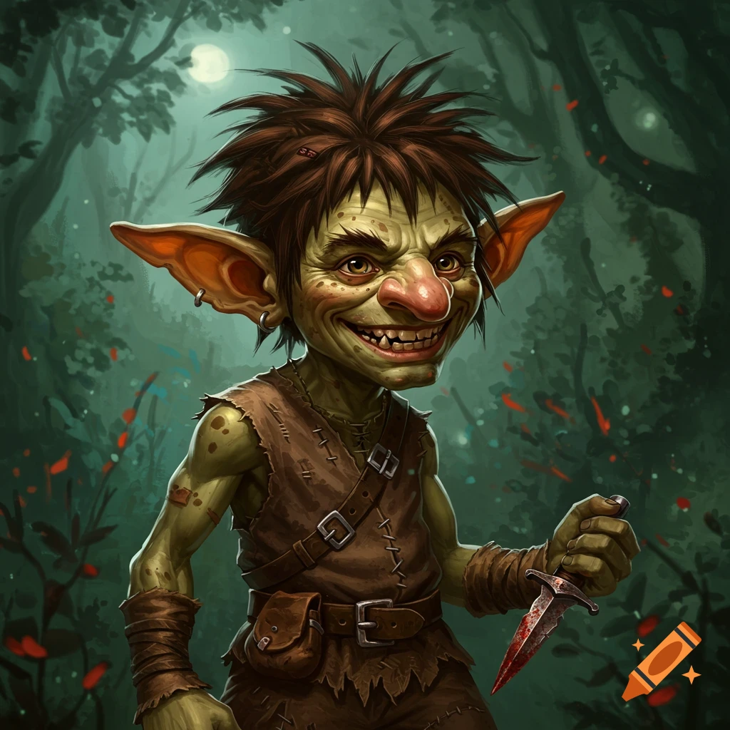 Illustration of a goblin in a forest holding a bloody knife.
