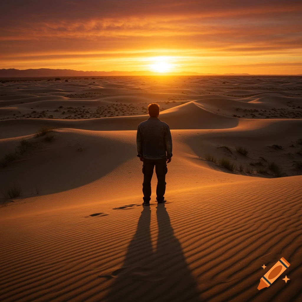 A person stands on a desert dune, facing a vibrant sunset over the landscape.