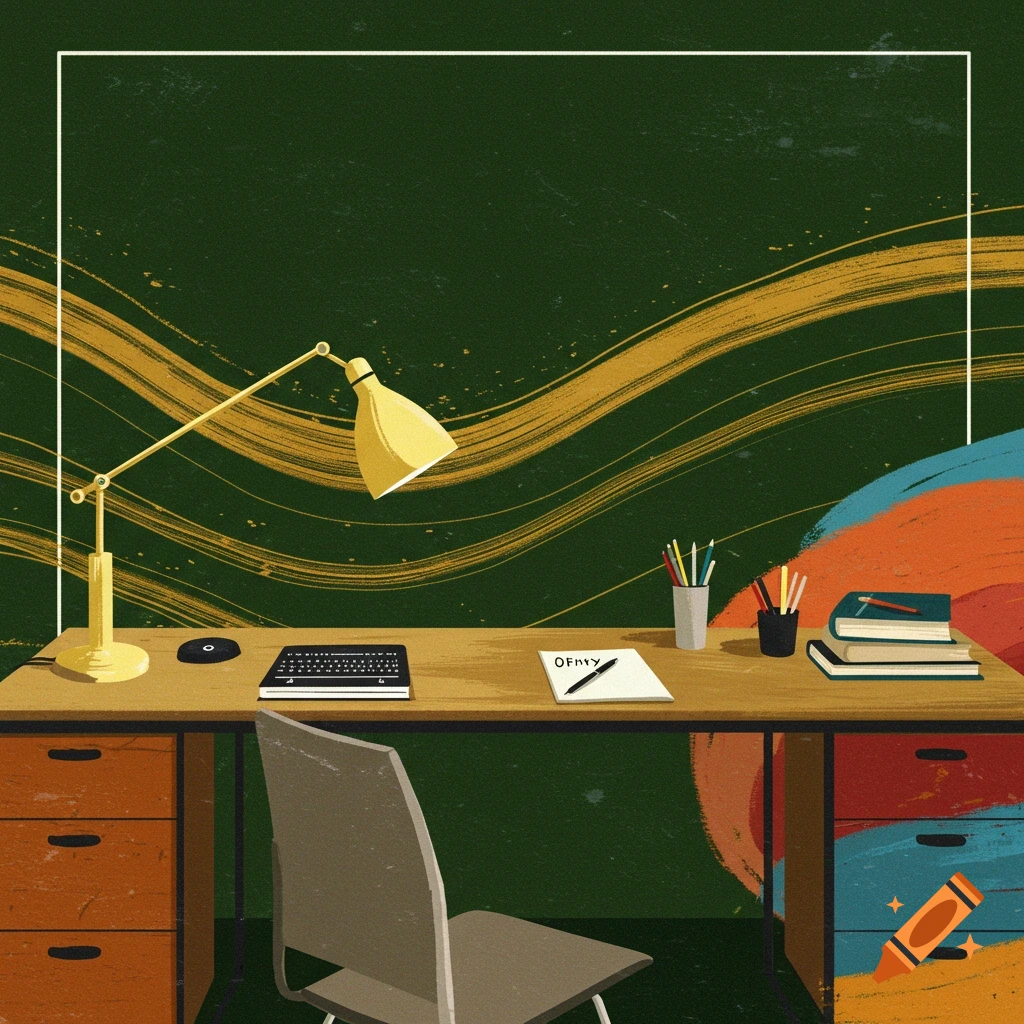 Minimalist illustration of a colorful office desk with a lamp, keyboard, pens, and books against a dark green background with gold waves.