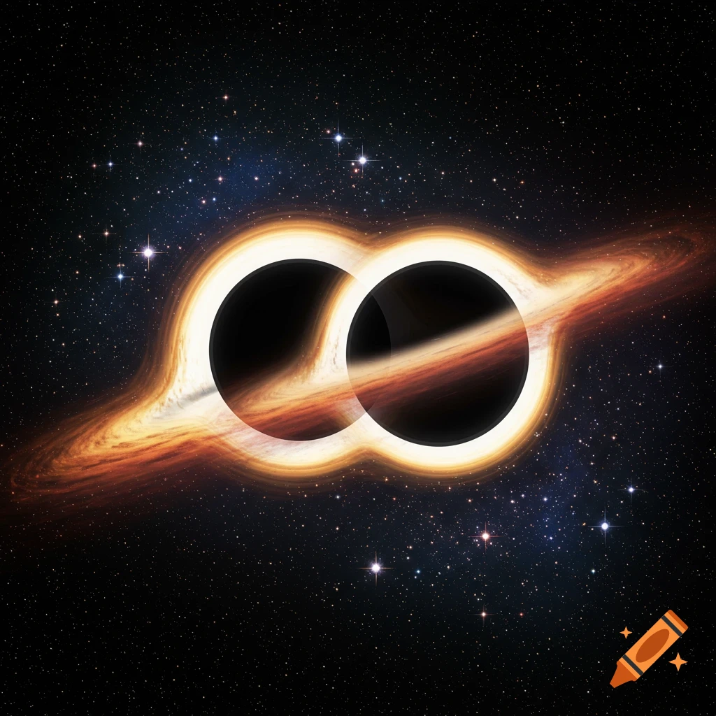 Two black holes with bright accretion disks merging in space among stars.