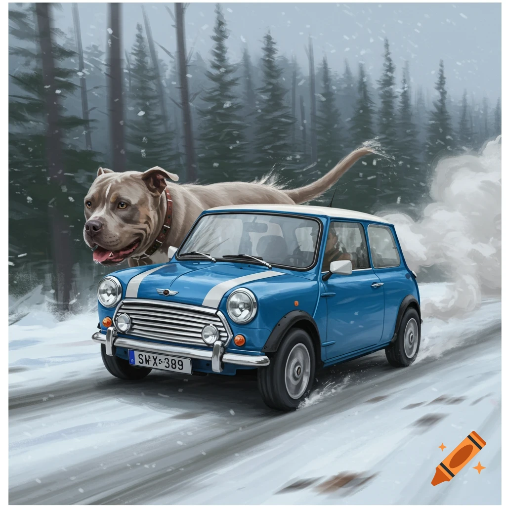 Blue Mini Cooper driving on a snowy forest road with a pitbull spirit behind it, illustration