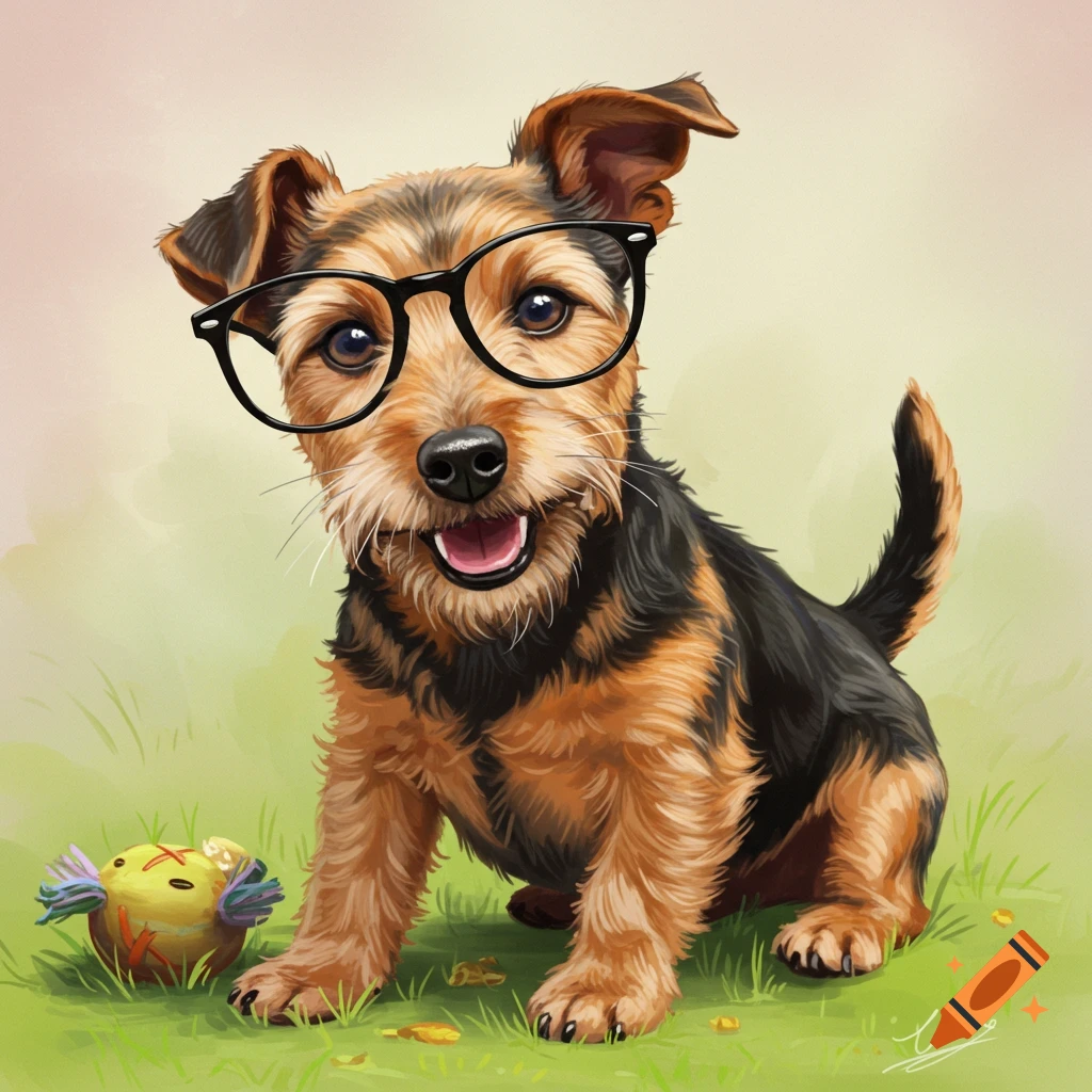 Illustration of a cute terrier dog wearing glasses, sitting in grass with a toy.