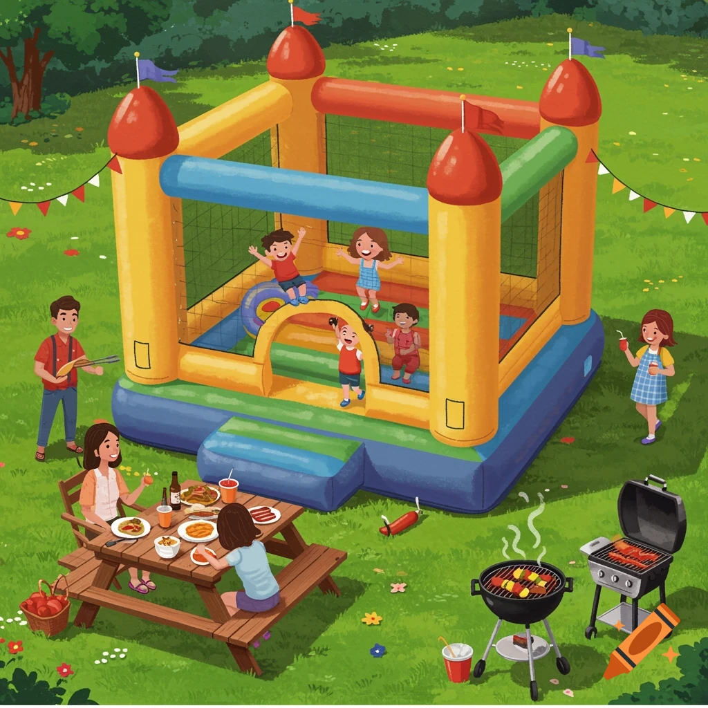 Illustration of a family BBQ and party with children playing in a bounce house in a park.