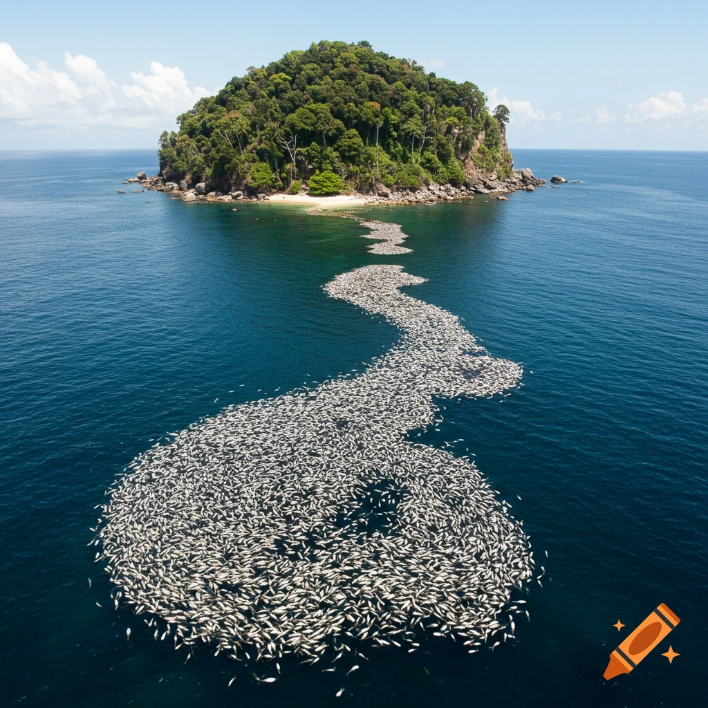 Aerial view of a massive school of fish swirling in the ocean around a tropical island.
