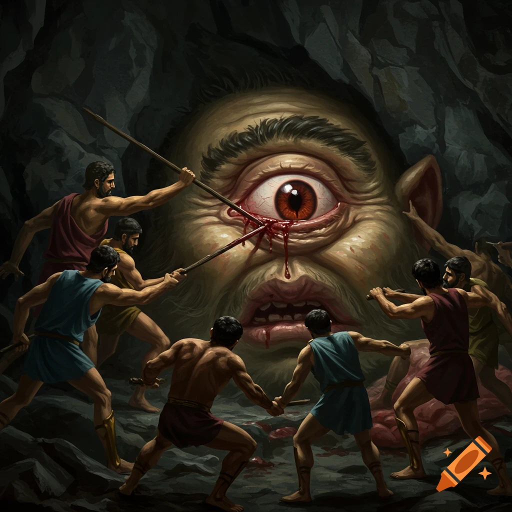 Painting of men blinding a giant cyclops with spears in a dark cave.
