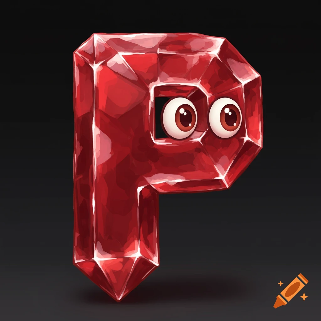 A red crystal letter P with large cartoon eyes.