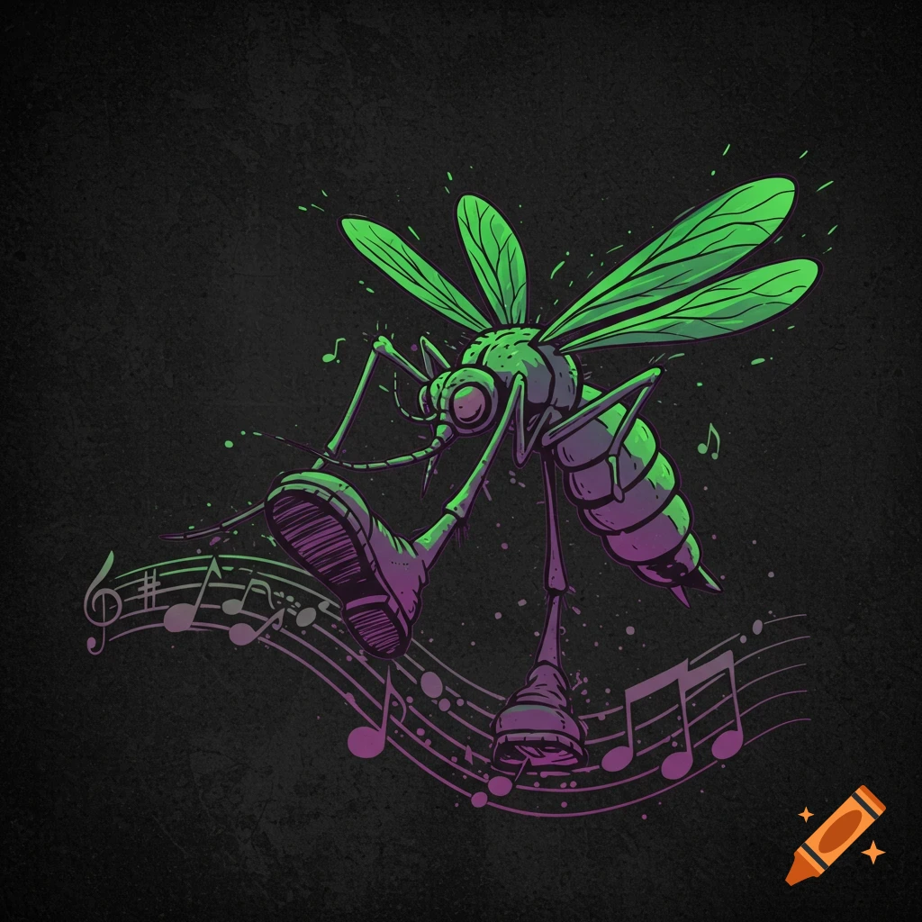 Cartoon illustration of a mosquito wearing shoes on a musical staff with notes.