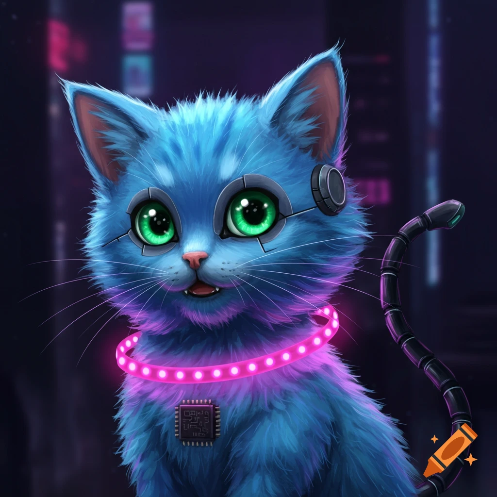 Cute blue cyborg kitten with glowing pink collar and bright green eyes.
