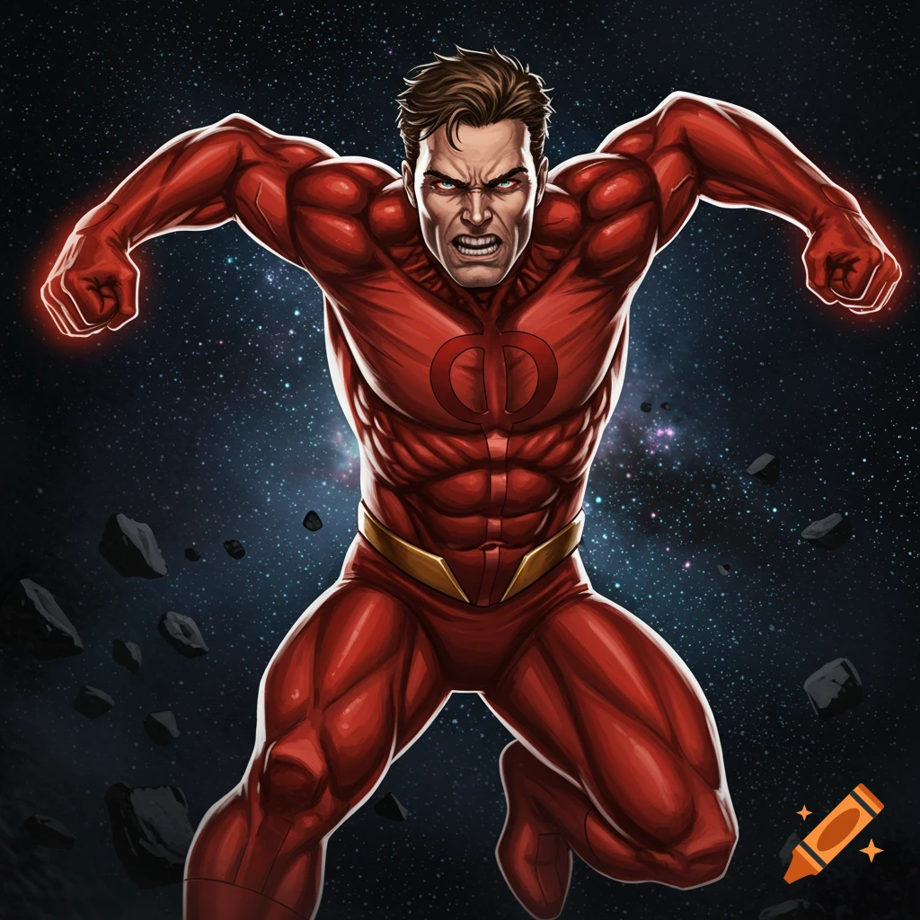 Comic book style illustration of a muscular superhero in red suit with logo, flying through space with asteroids.