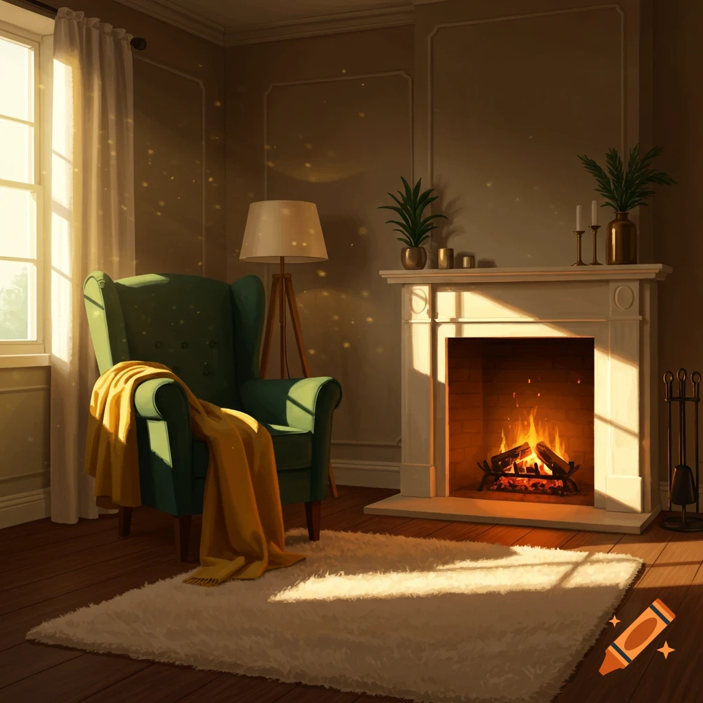 A cozy room with an armchair, fireplace, and rug bathed in warm sunlight.