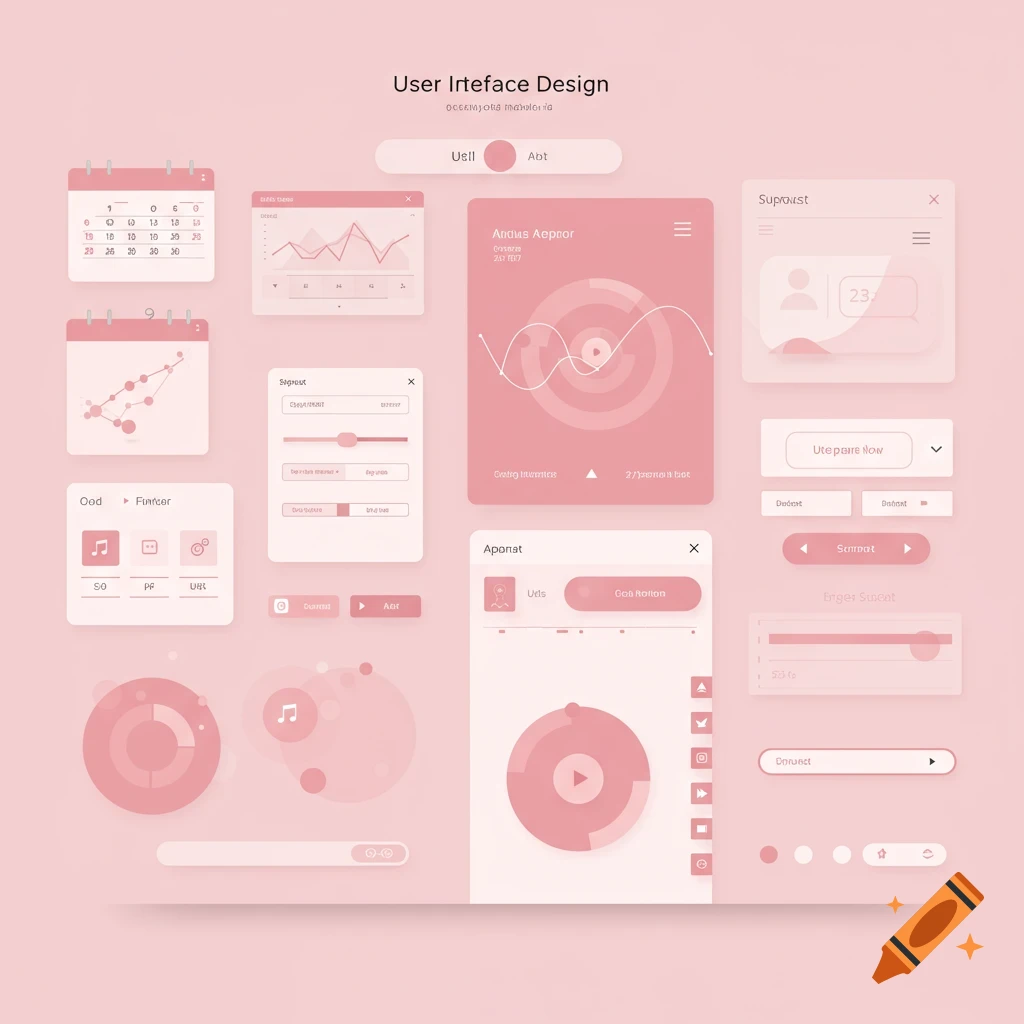 Minimalist UI design elements in pastel pink on a light pink background.