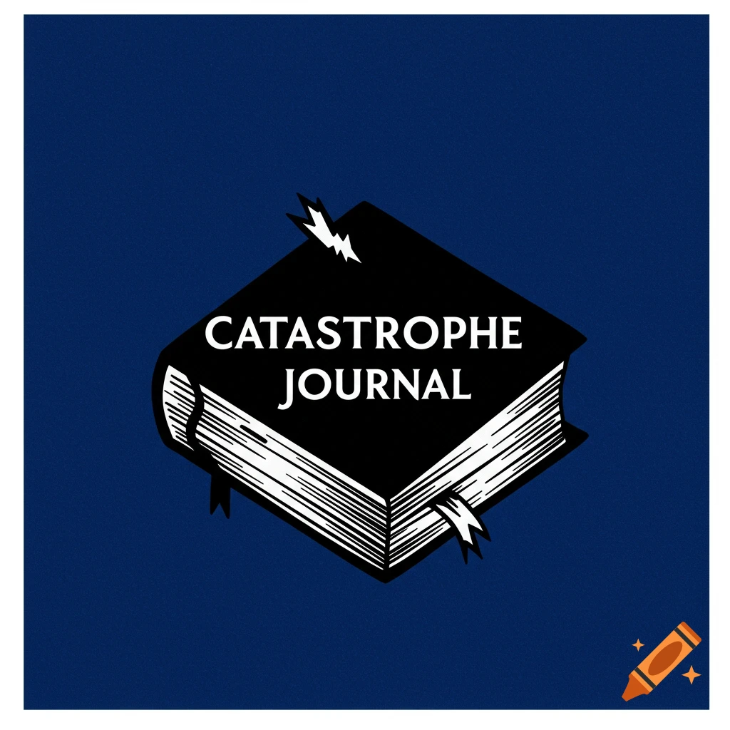 A stylized logo featuring a black book with the text 'CATASTROPHE JOURNAL' on its cover, set against a dark blue background.