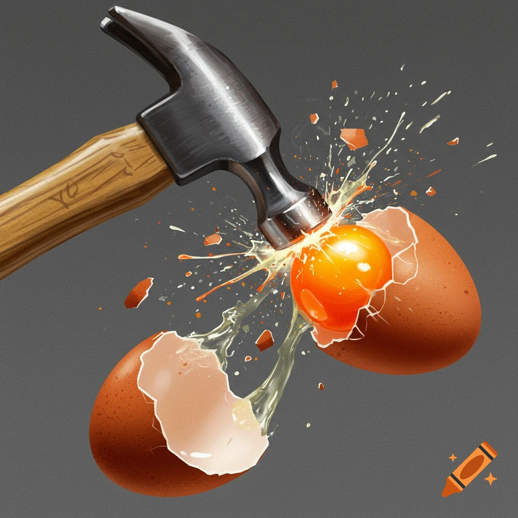 A hammer hits a chicken egg, which breaks and splatters.