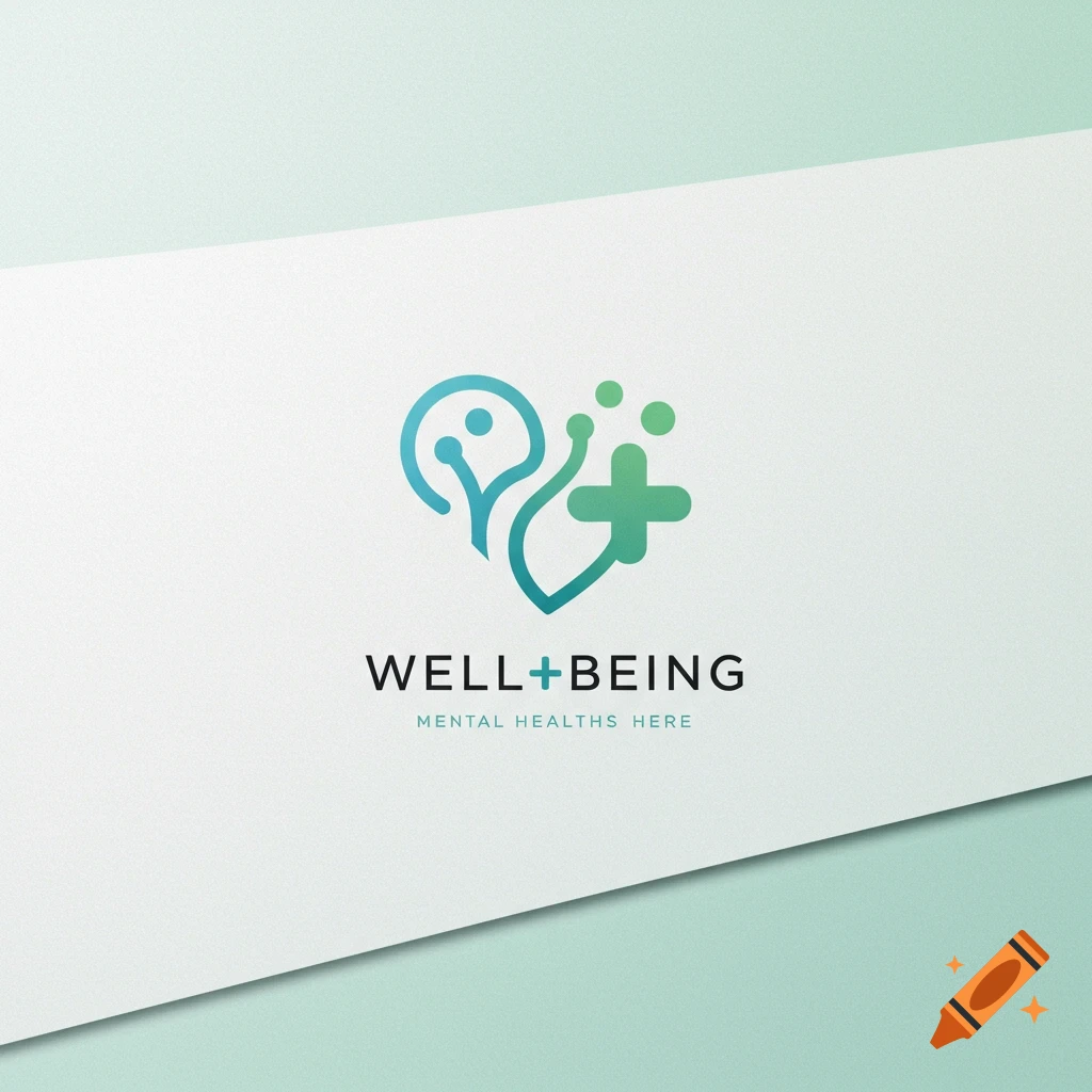 Logo for Well+Being with abstract brain-like shape and cross, text below on angled white background.