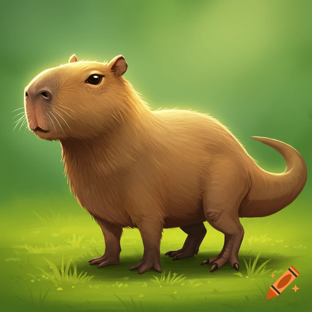 Illustration of a Capybara T-Rex hybrid standing on grass.