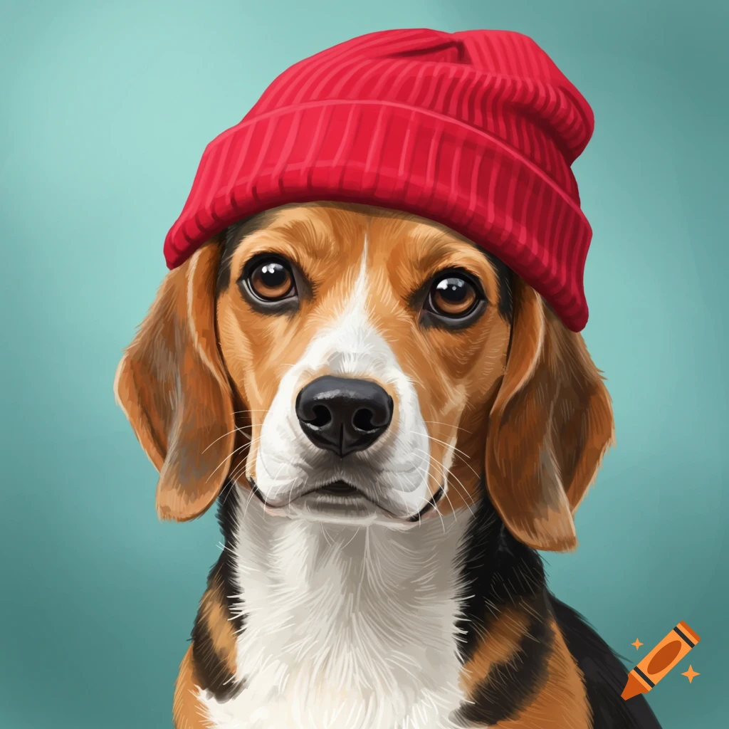 Illustration of a beagle dog wearing a red beanie hat.