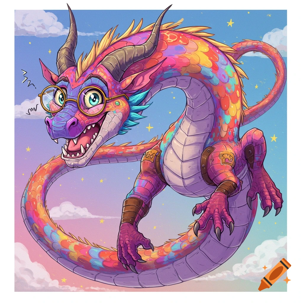 A colorful cartoon dragon wearing glasses flies in a starry sky.
