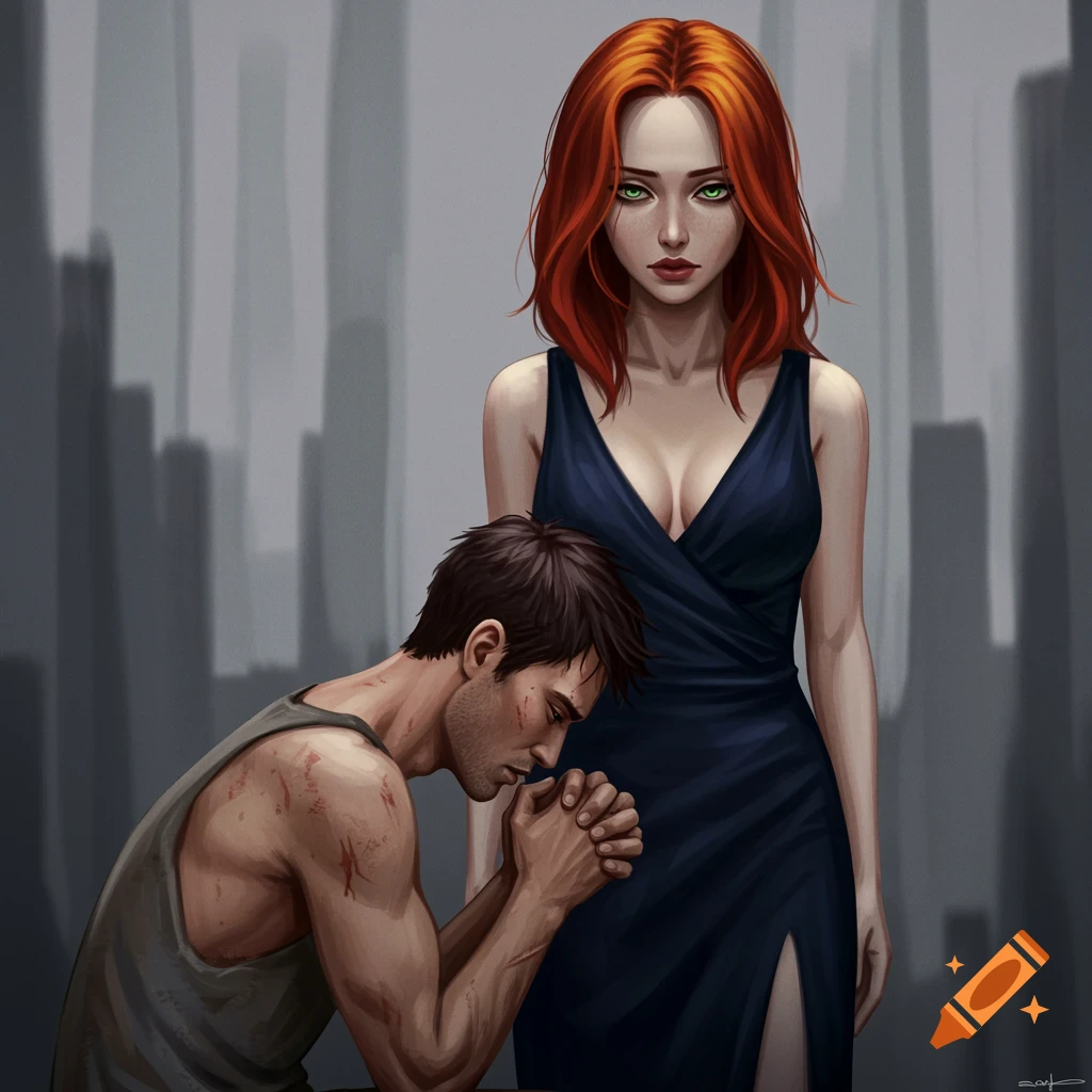 Illustration of a man kneeling, hands clasped, looking down, before a standing woman with red hair and a blue dress.