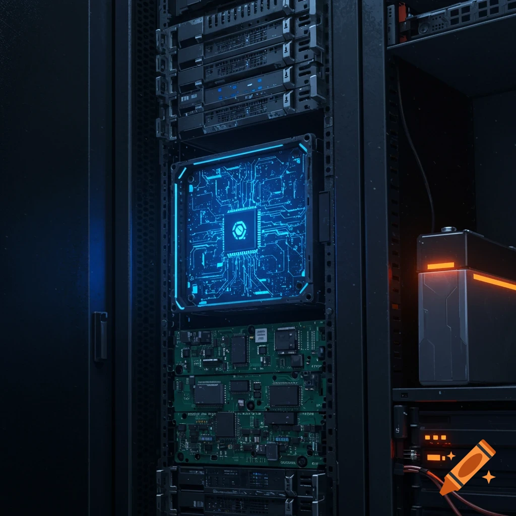 Server rack with glowing data processing unit and battery