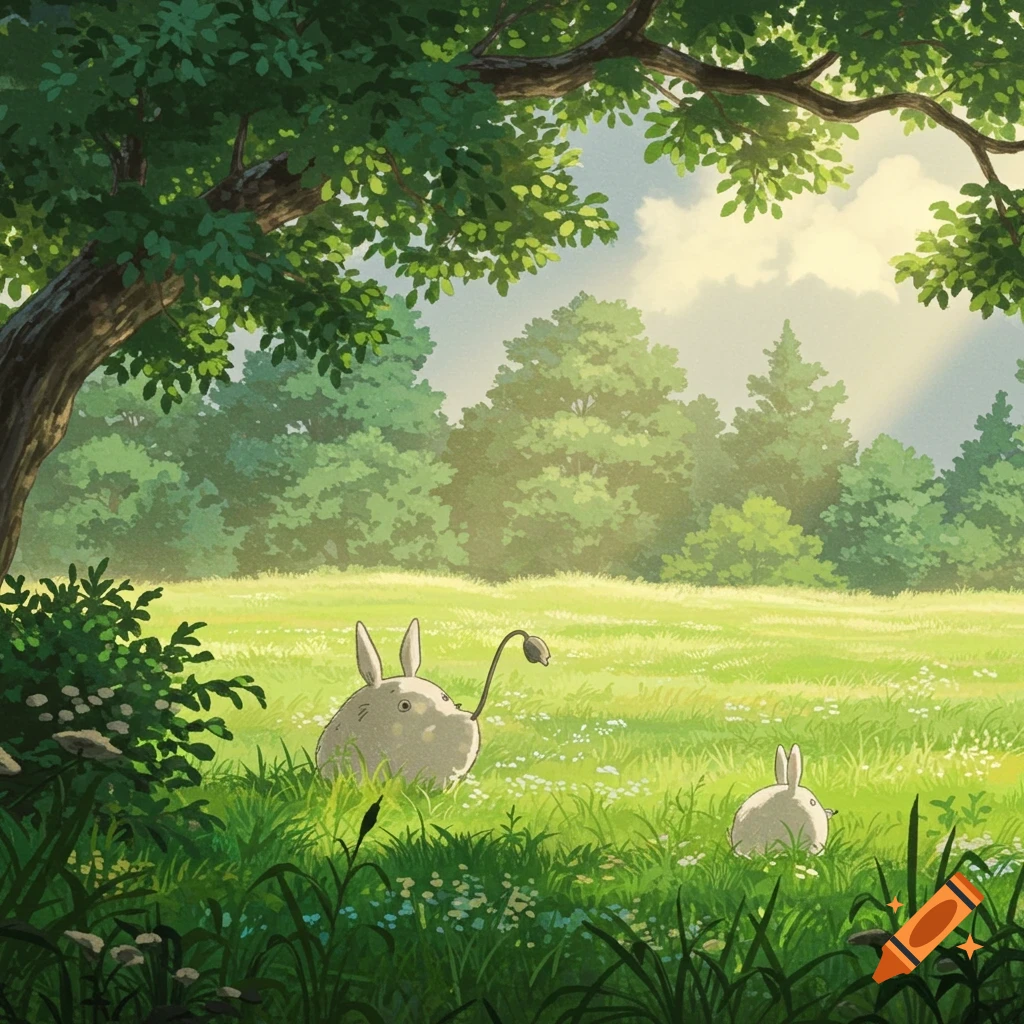 A Ghibli-style illustration of two small, fluffy creatures resembling Totoro sitting in a bright green meadow under a large tree.