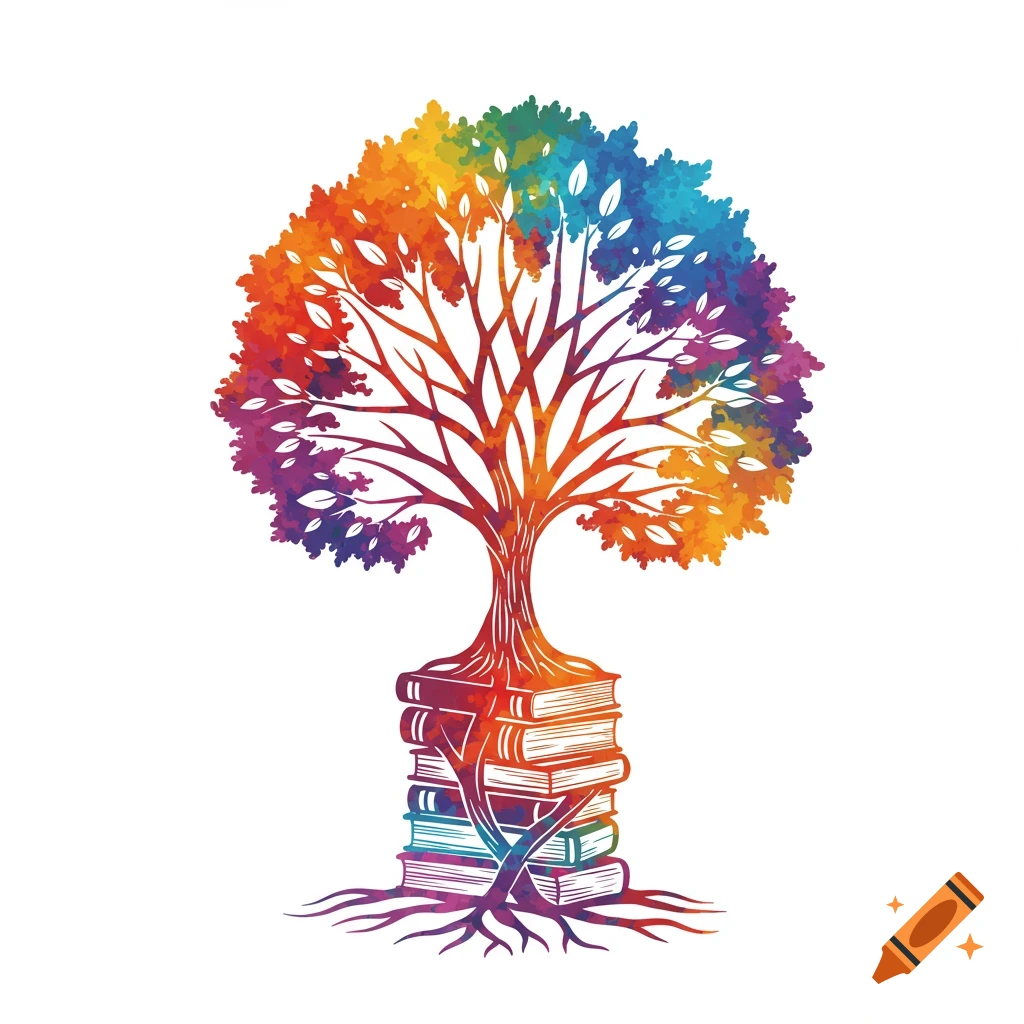 Colorful stylized tree with roots growing from stacked books, representing learning.
