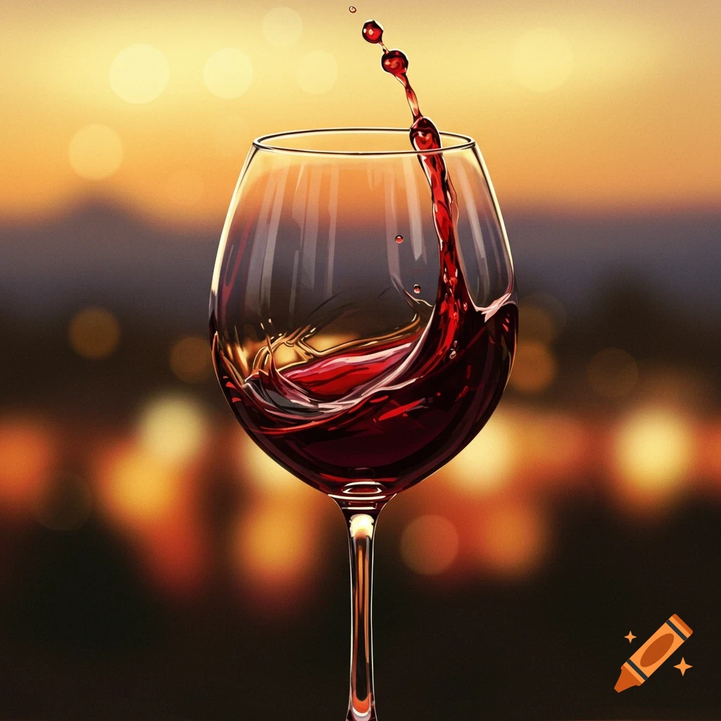 Red wine splashing in a glass against a blurry golden background