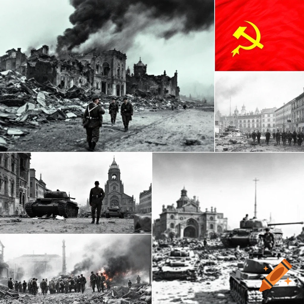 A collage of black and white war photos showing destroyed cities, soldiers, tanks, and the Soviet flag.