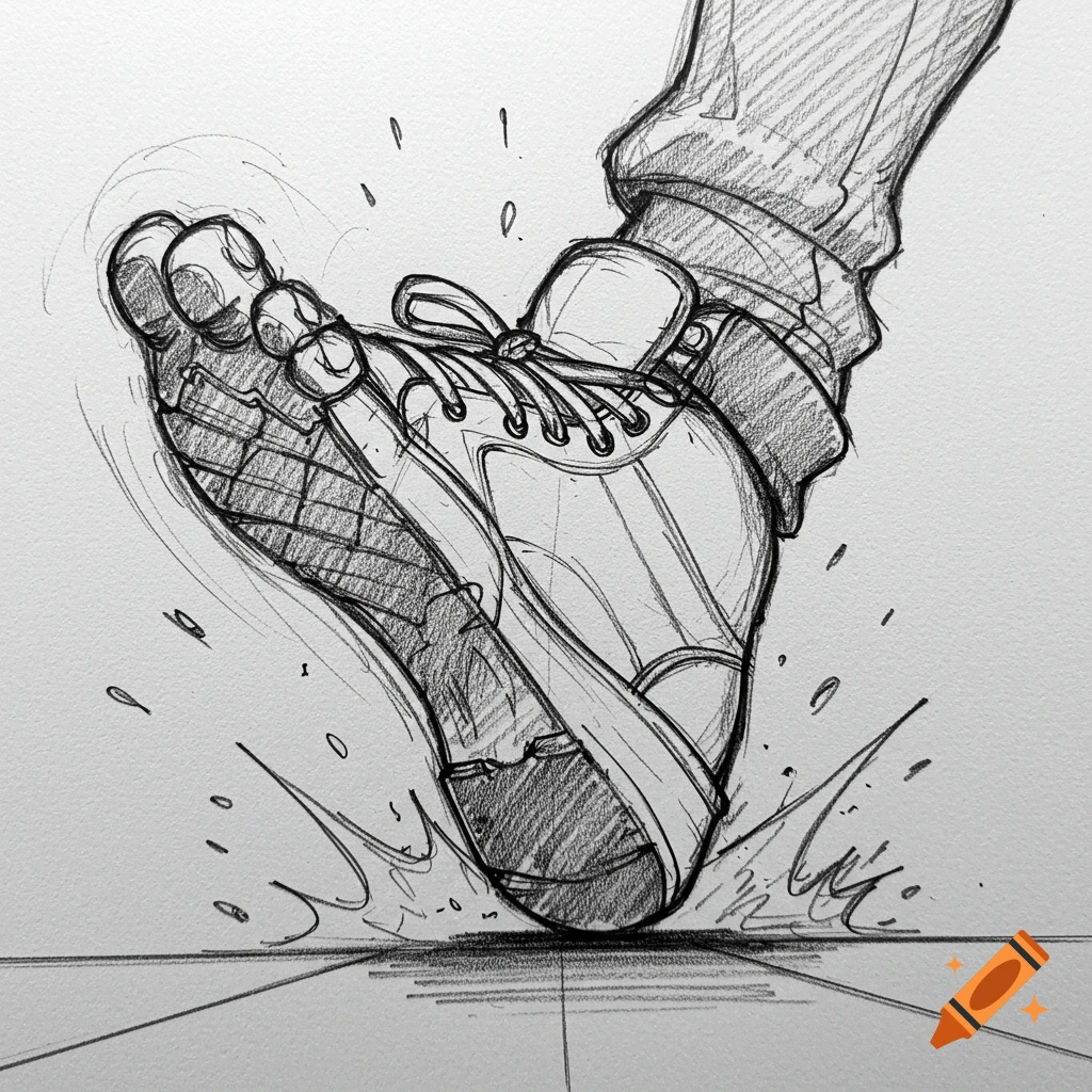 Pencil sketch of a foot in a sneaker stomping on the ground.