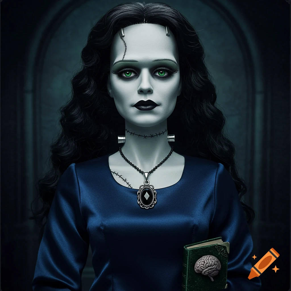 Portrait of a female Frankenstein's creature with stitching and bolts, holding a book with a brain illustration.