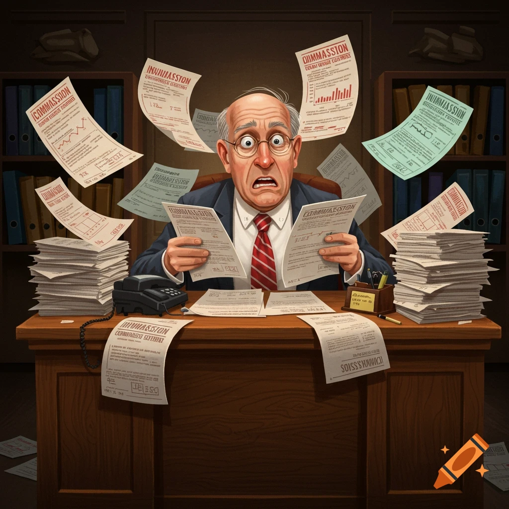 Cartoon drawing of a stressed man at a desk with flying papers.