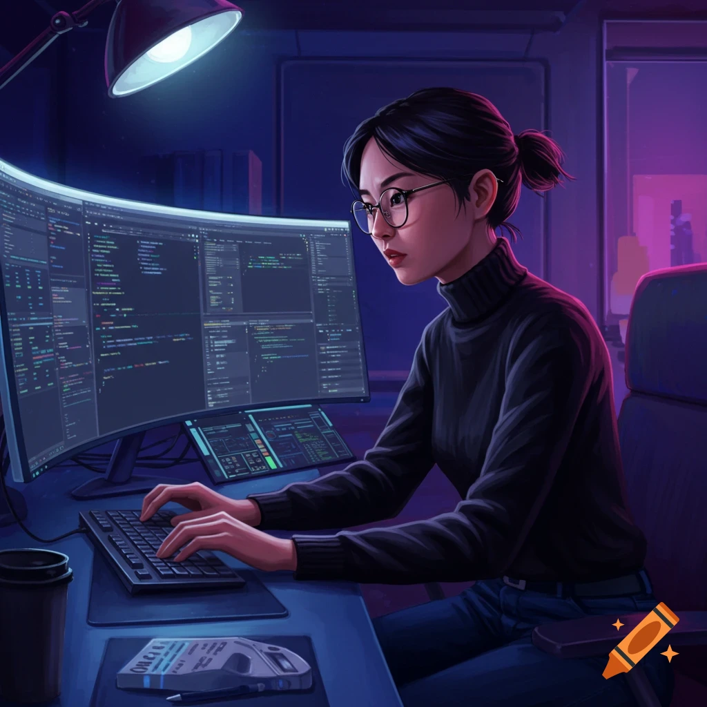 Digital illustration of a woman coding on curved computer screens in a dark, high-tech room.