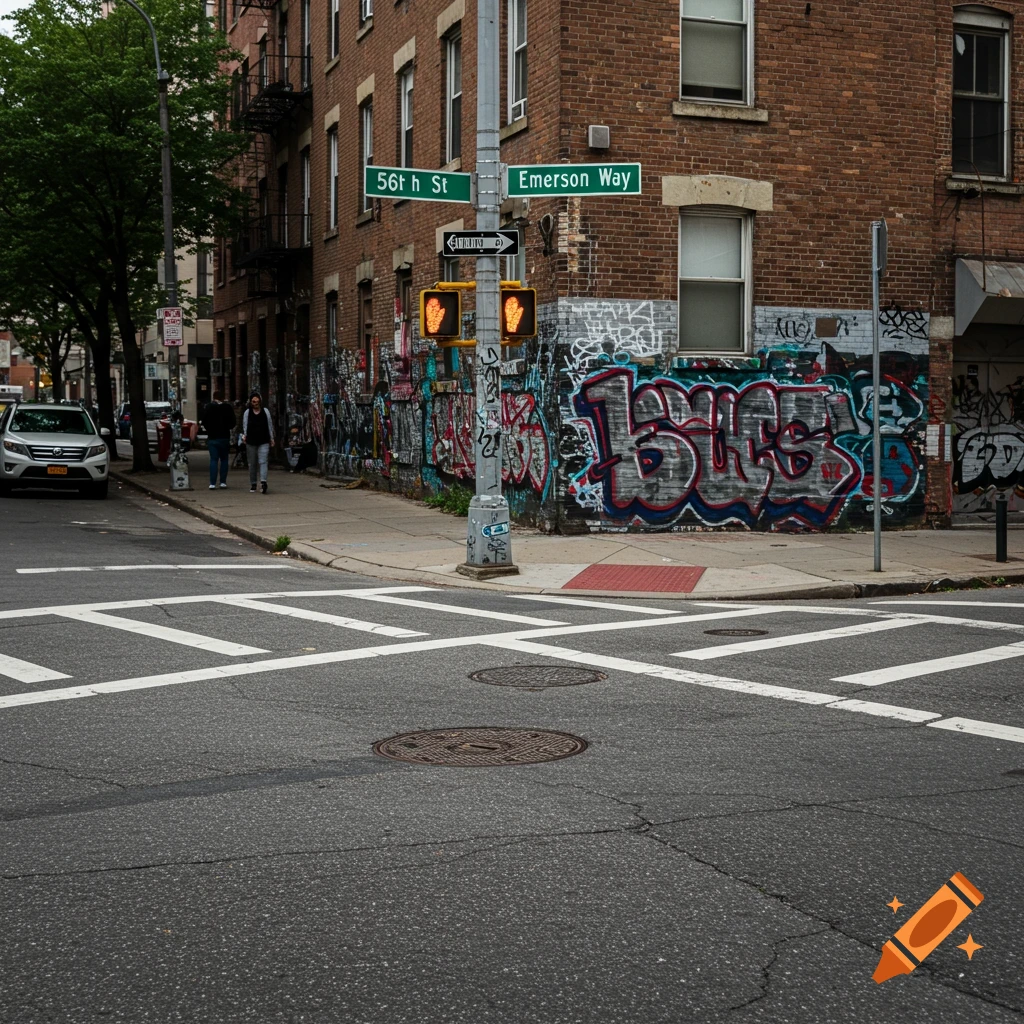 An urban street corner with street signs, brick buildings covered in graffiti, people walking, and a car.