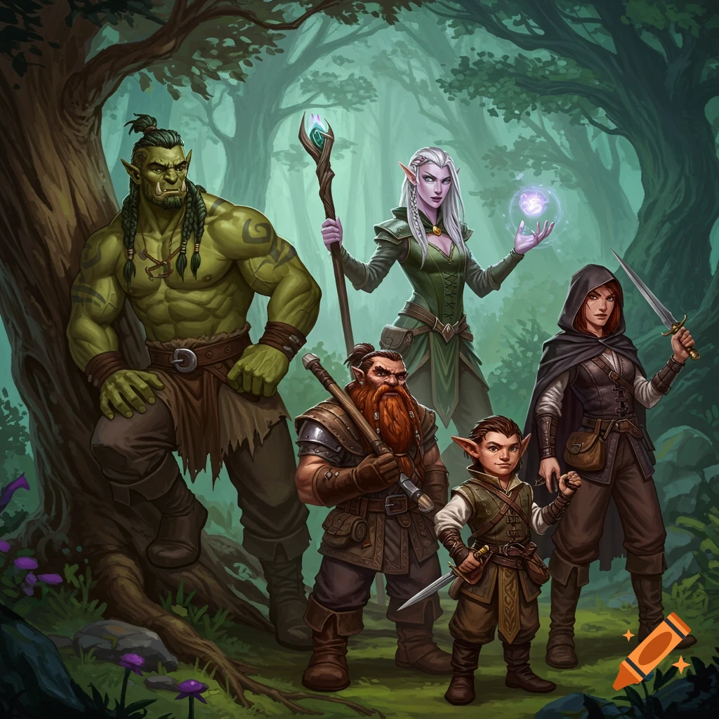 Five fantasy characters, including an Orc, Elf, Dwarf, and Humans, stand in a forest clearing, armed and armored.