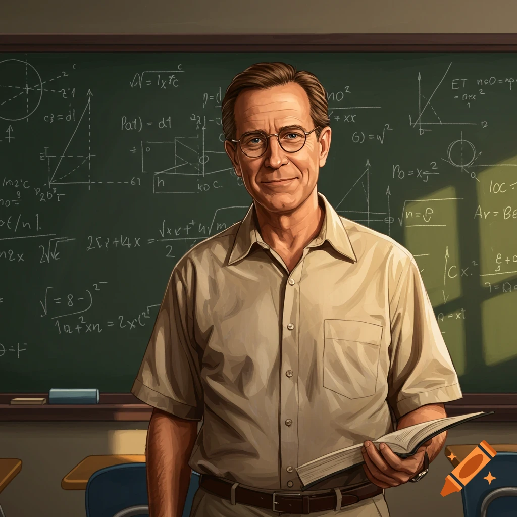 Illustration of a smiling teacher holding a book in front of a blackboard covered in math equations.