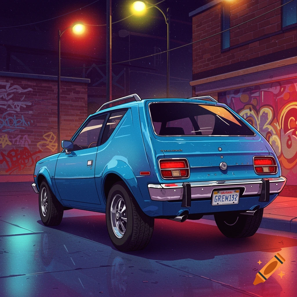 Blue AMC Gremlin car parked on an urban street at night, illustration style
