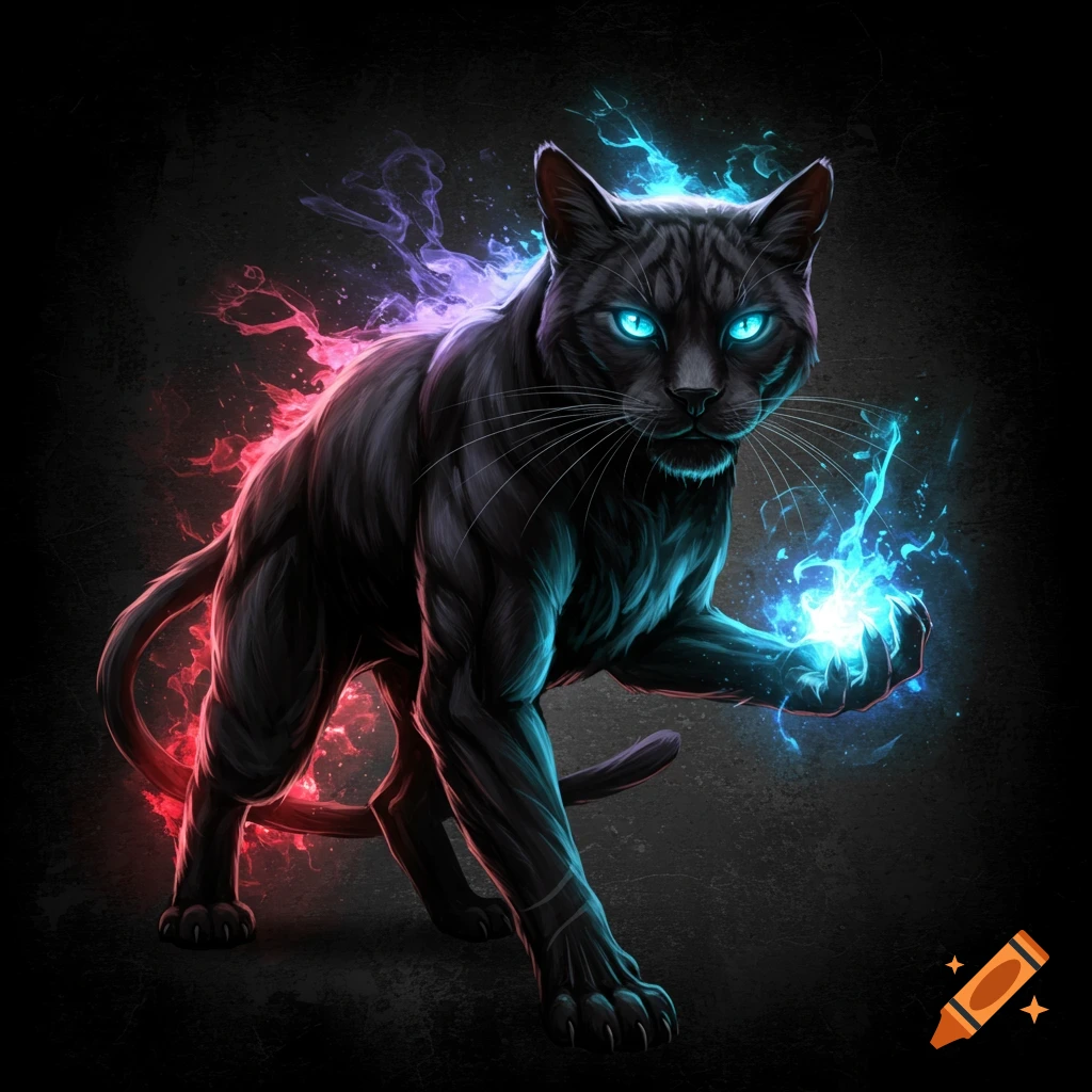 Stylized black cat with glowing blue eyes and energy, with red energy around its back.