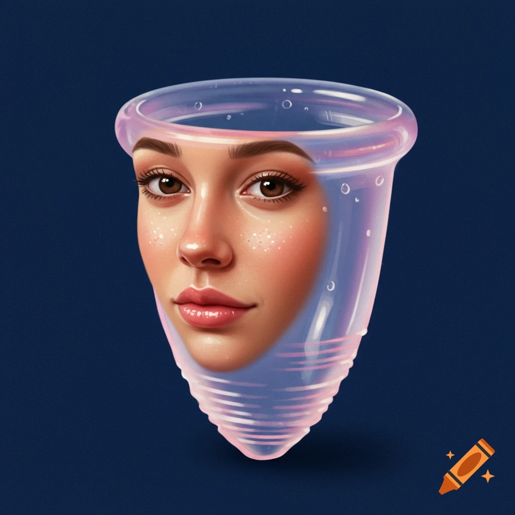 Illustration of a woman's face inside a transparent menstrual cup