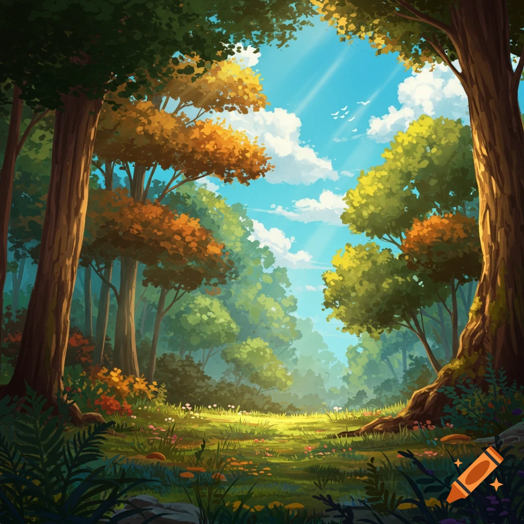 A vibrant, stylized illustration of a sun-dappled forest clearing.