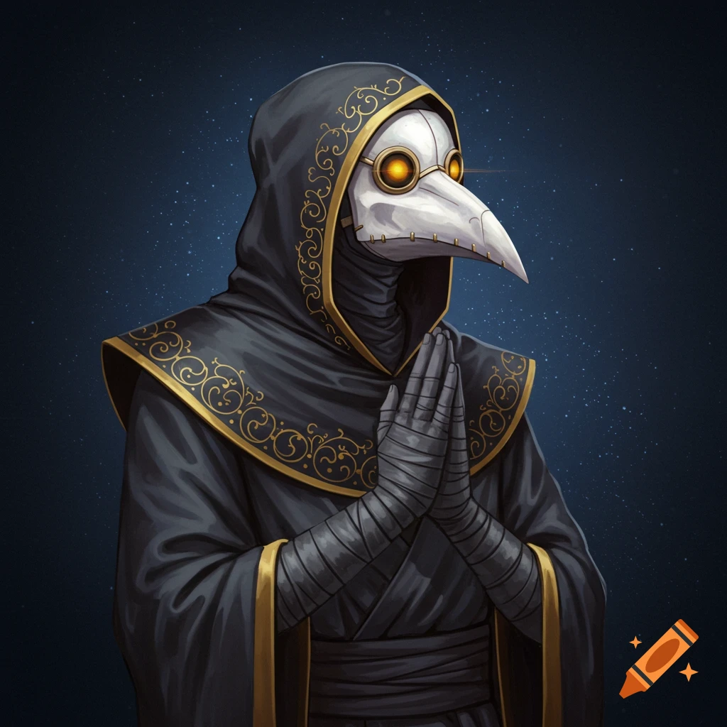 Illustration of a figure in a plague doctor mask and hooded black and gold robes, with hands clasped.