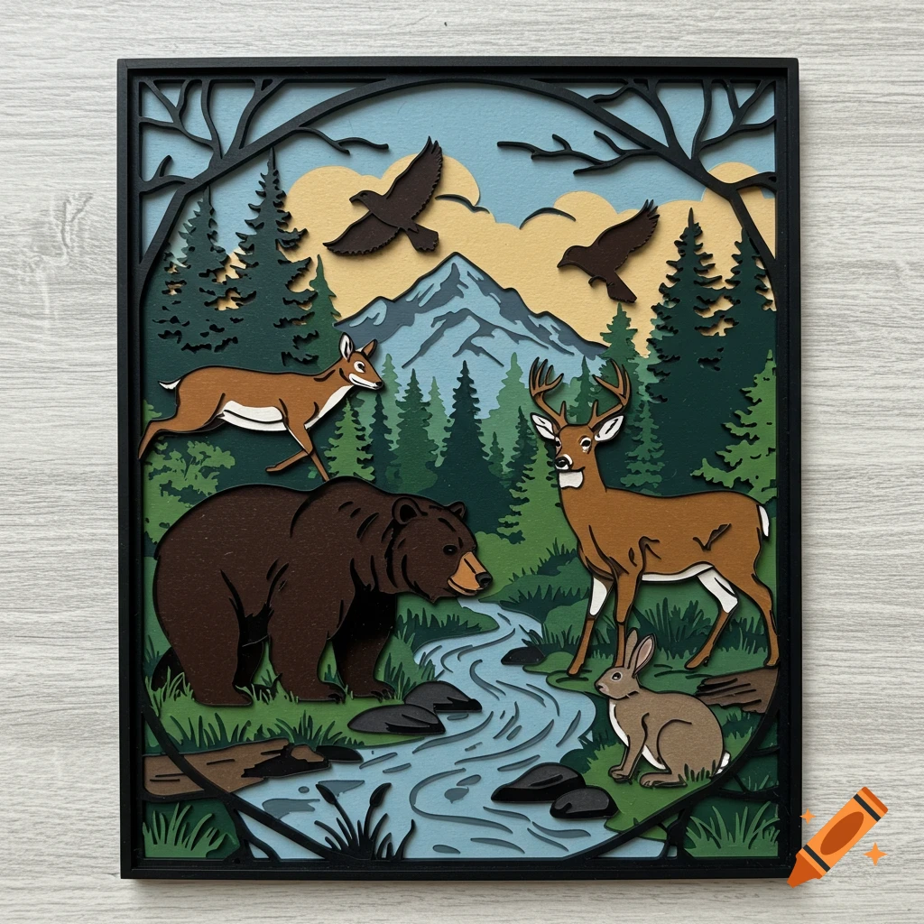 A layered illustration of a forest scene with a bear, two deer, a rabbit, and two birds flying over a river and mountains.